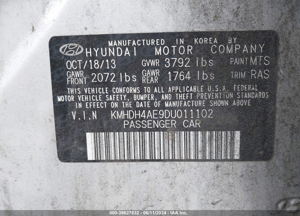 2013 HYUNDAI ELANTRA GLS VIN: KMHDH4AE9DU011102