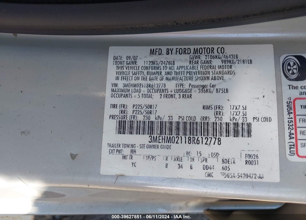 2008 MERCURY MILAN V6 PREMIER VIN: 3MEHM02118R612778