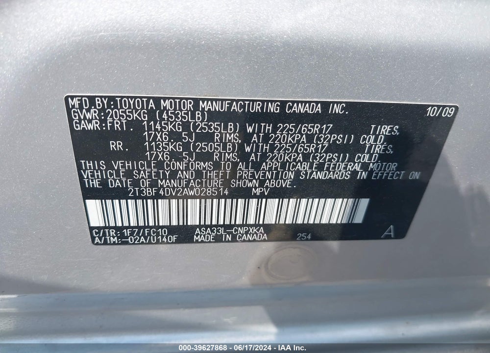 2010 TOYOTA RAV4 VIN: 2T3BF4DV2AW028514