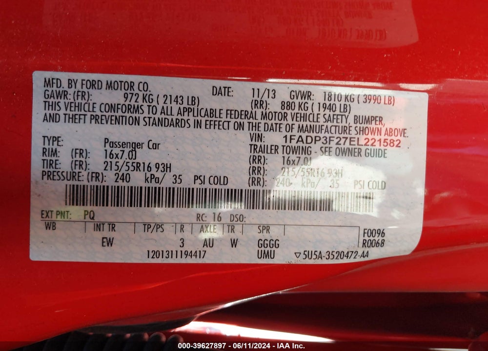 2014 FORD FOCUS SE VIN: 1FADP3F27EL221582