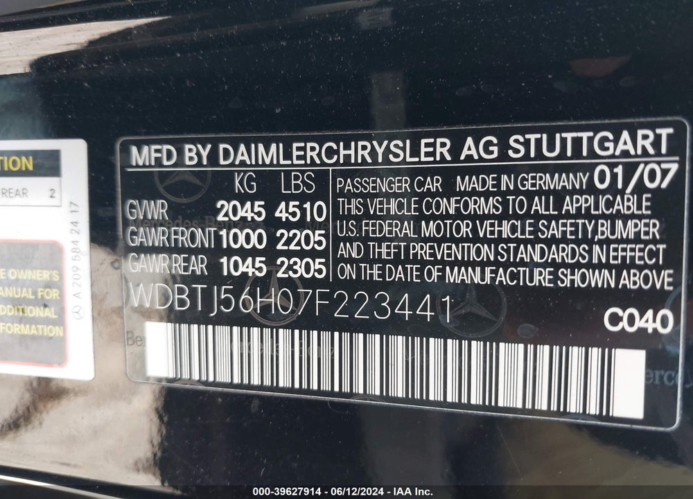 2007 MERCEDES-BENZ CLK 350 VIN: WDBTJ56H07F223441