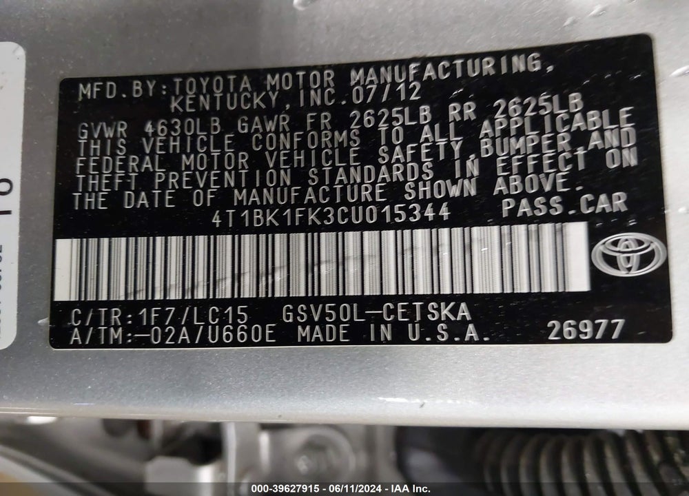 2012 TOYOTA CAMRY SE V6 VIN: 4T1BK1FK3CU015344