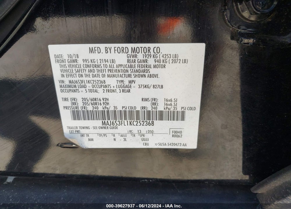 2019 FORD ECOSPORT S VIN: MAJ6S3FL1KC252368