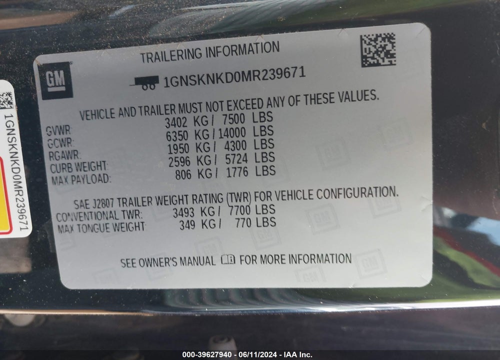 2021 CHEVROLET TAHOE 4WD LT VIN: 1GNSKNKD0MR239671