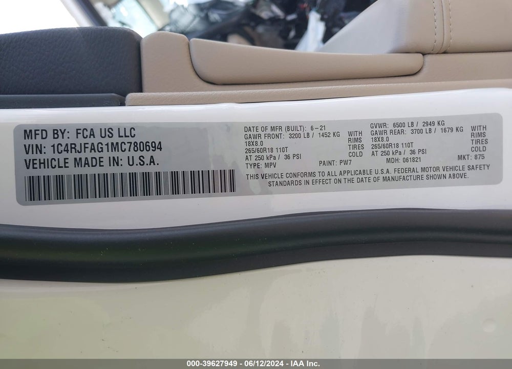 2021 JEEP GRAND CHEROKEE LAREDO E 4X4 VIN: 1C4RJFAG1MC780694