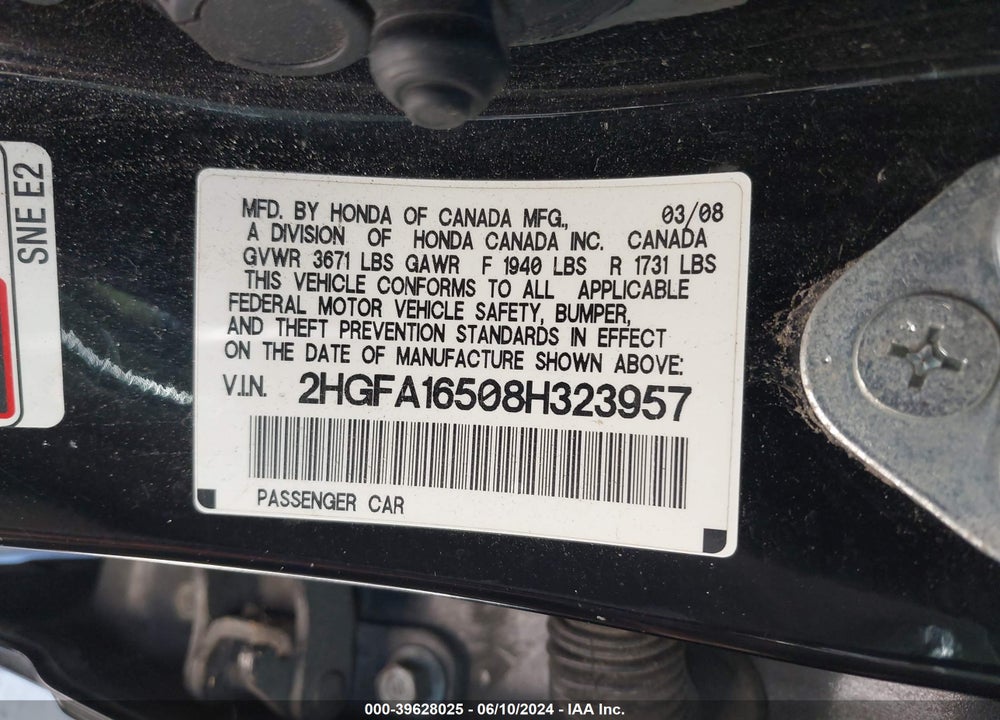 2008 HONDA CIVIC LX VIN: 2HGFA16508H323957