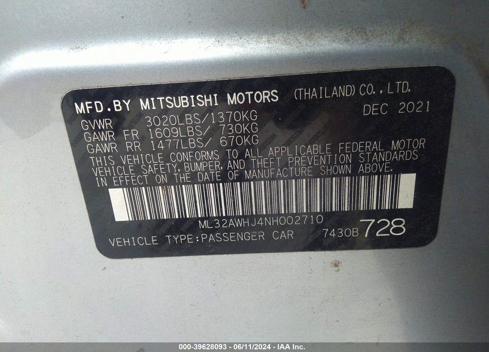 2022 MITSUBISHI MIRAGE BLACK EDITION VIN: ML32AWHJ4NH002710