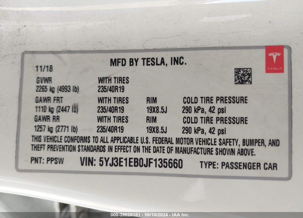2018 TESLA MODEL 3 LONG RANGE/PERFORMANCE VIN: 5YJ3E1EB0JF135660