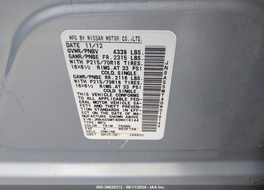 2013 NISSAN ROGUE S VIN: JN8AS5MT4DW016144