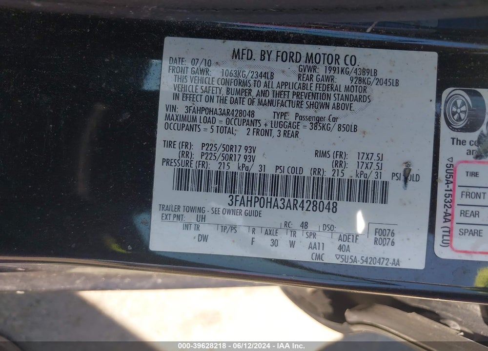 2010 FORD FUSION SE VIN: 3FAHP0HA3AR428048