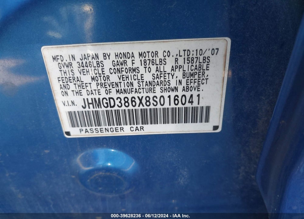 2008 HONDA FIT SPORT VIN: JHMGD386X8S016041