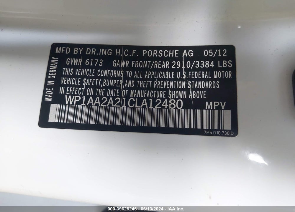 2012 PORSCHE CAYENNE VIN: WP1AA2A21CLA12480