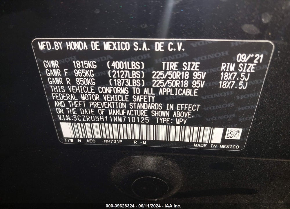 2022 HONDA HR-V 2WD SPORT VIN: 3CZRU5H11NM710125