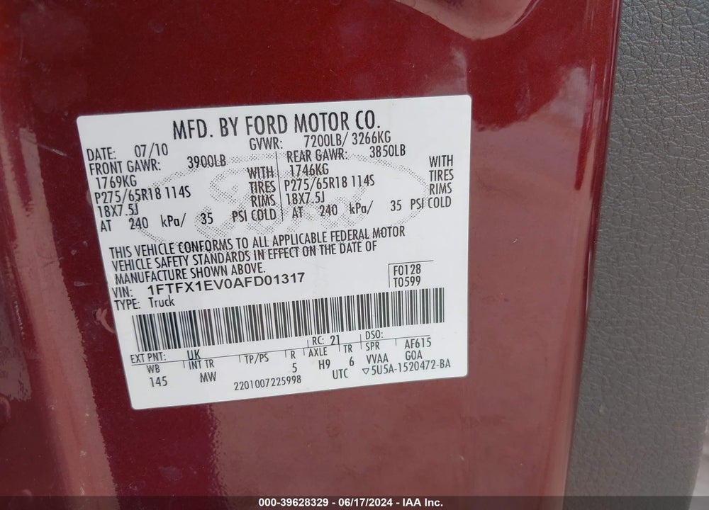 2010 FORD F-150 FX4/LARIAT/XL/XLT VIN: 1FTFX1EV0AFD01317
