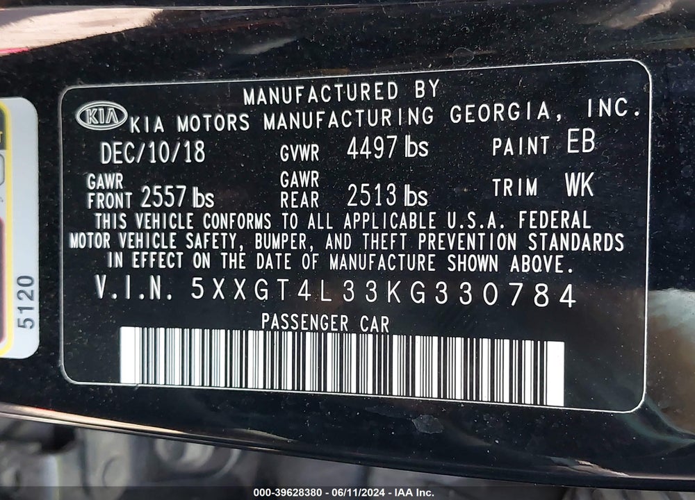 2019 KIA OPTIMA LX VIN: 5XXGT4L33KG330784