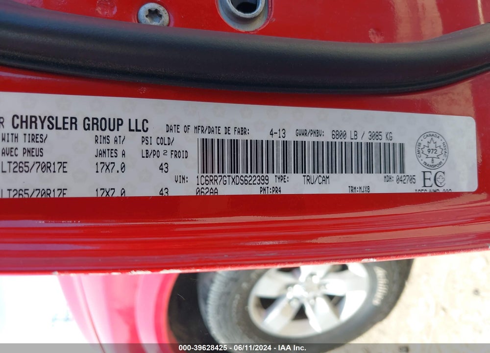 2013 RAM 1500 SLT VIN: 1C6RR7GTXDS622399