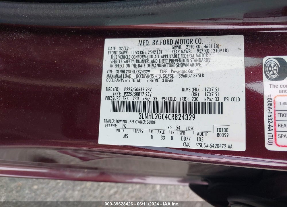 2012 LINCOLN MKZ VIN: 3LNHL2GC4CR824329