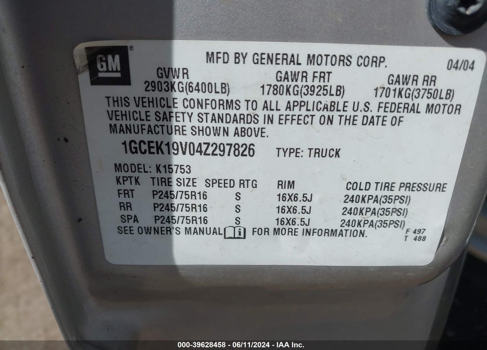 2004 CHEVROLET SILVERADO 1500 LS VIN: 1GCEK19V04Z297826