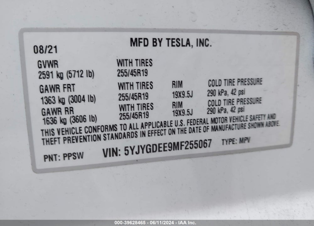 2021 TESLA MODEL Y LONG RANGE DUAL MOTOR ALL-WHEEL DRIVE VIN: 5YJYGDEE9MF255067