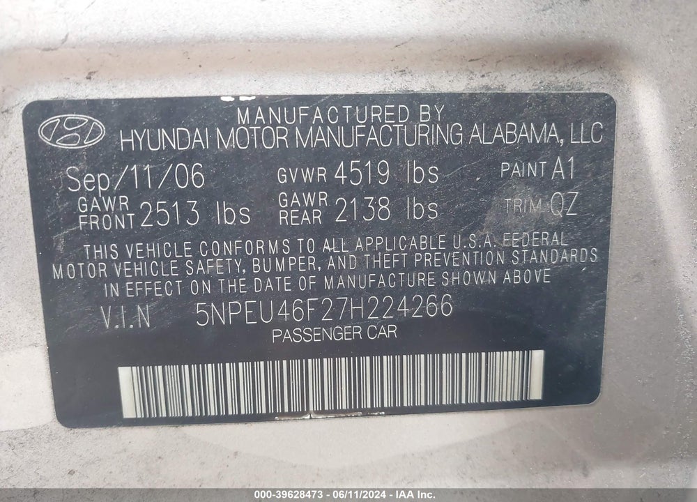 2007 HYUNDAI SONATA LIMITED/SE V6 VIN: 5NPEU46F27H224266