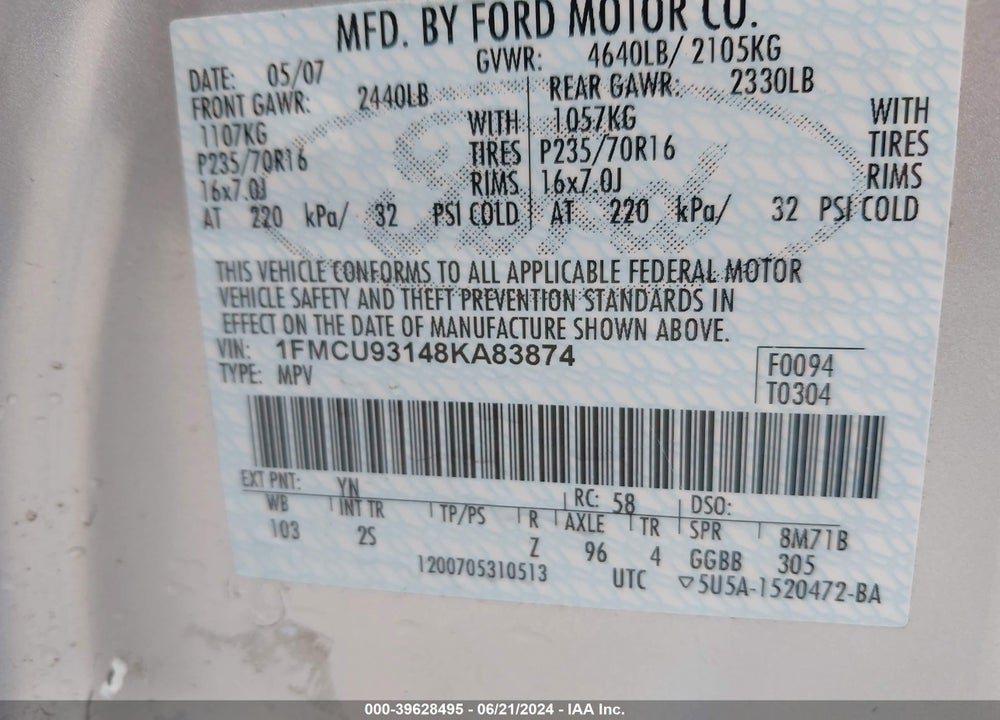 2008 FORD ESCAPE XLT VIN: 1FMCU93148KA83874