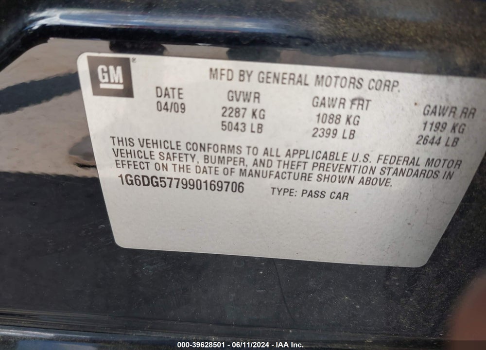 2009 CADILLAC CTS STANDARD VIN: 1G6DG577990169706