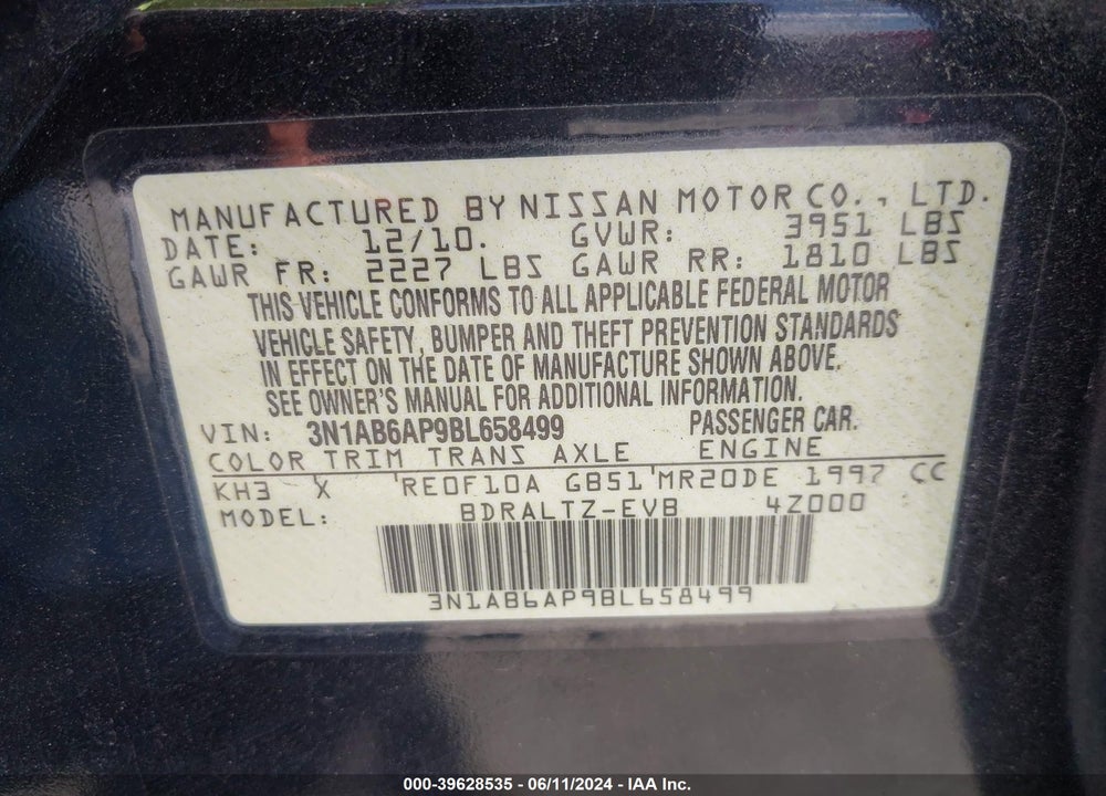 2011 NISSAN SENTRA 2.0SR VIN: 3N1AB6AP9BL658499