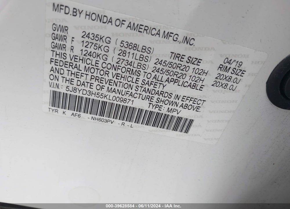 2019 ACURA MDX TECH PKG VIN: 5J8YD3H55KL009871