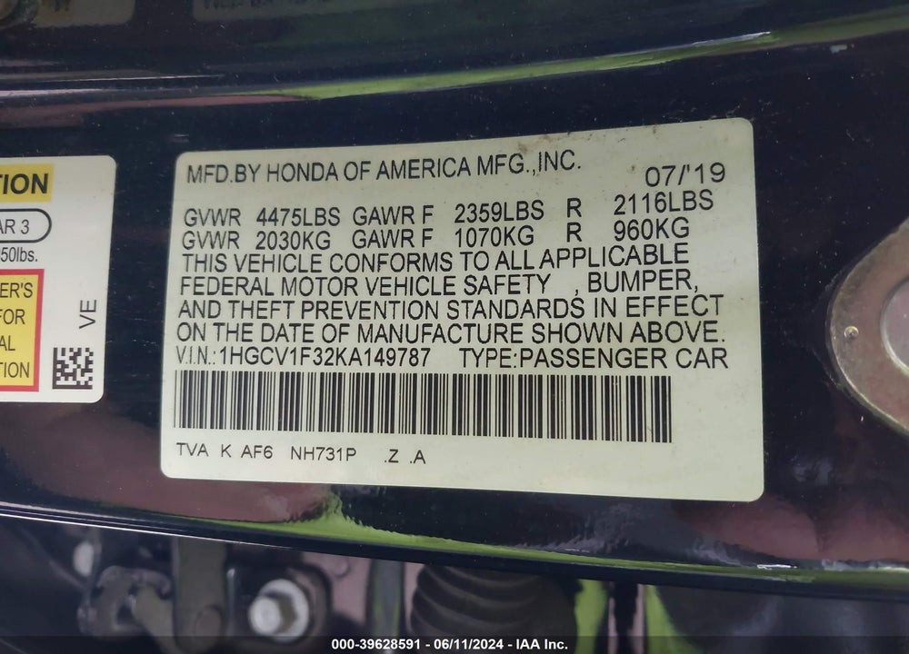 2019 HONDA ACCORD SPORT VIN: 1HGCV1F32KA149787