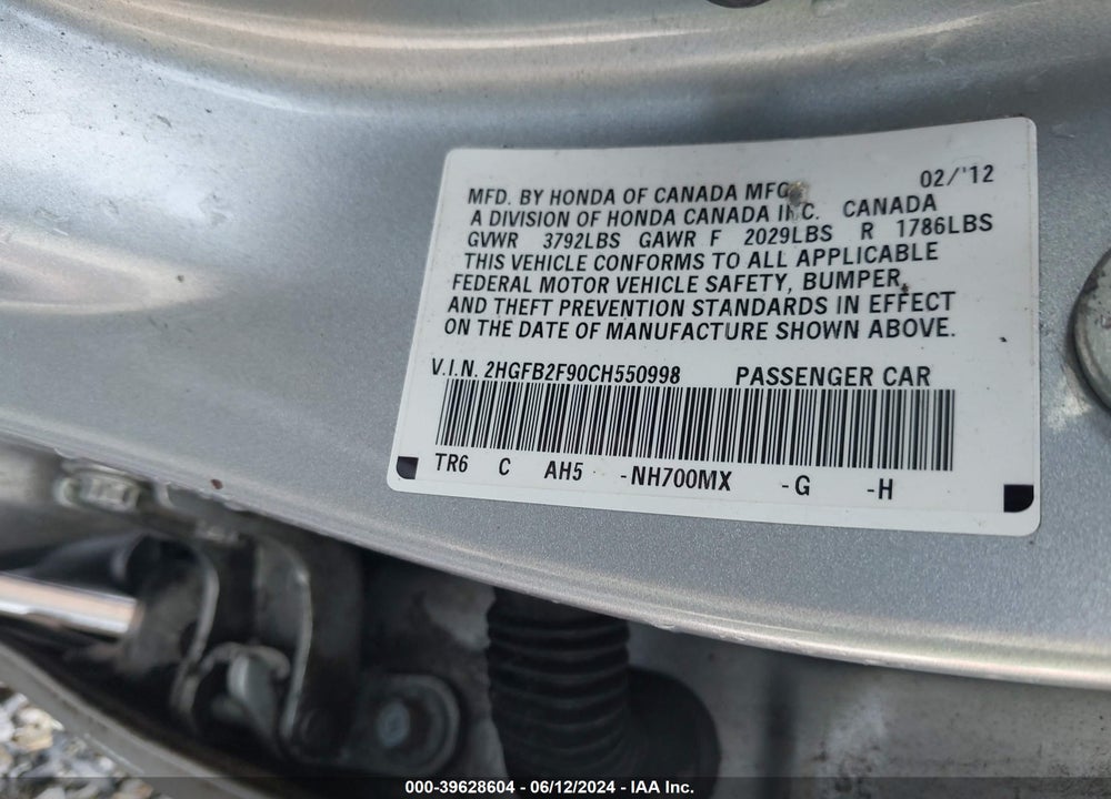 2012 HONDA CIVIC EX-L VIN: 2HGFB2F90CH550998