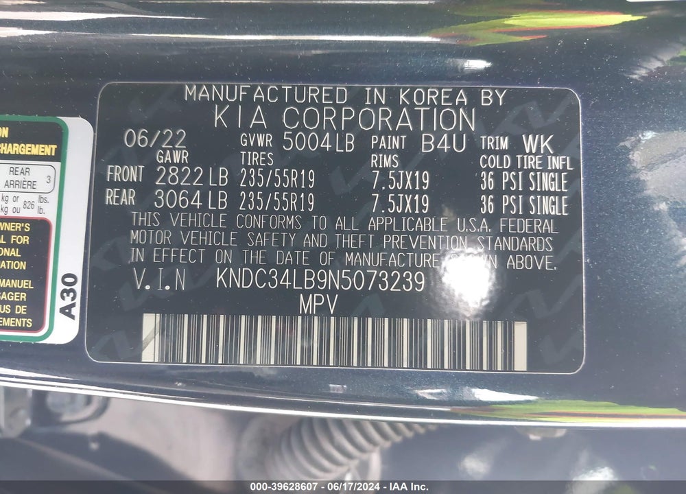 2022 KIA EV6 LIGHT VIN: KNDC34LB9N5073239