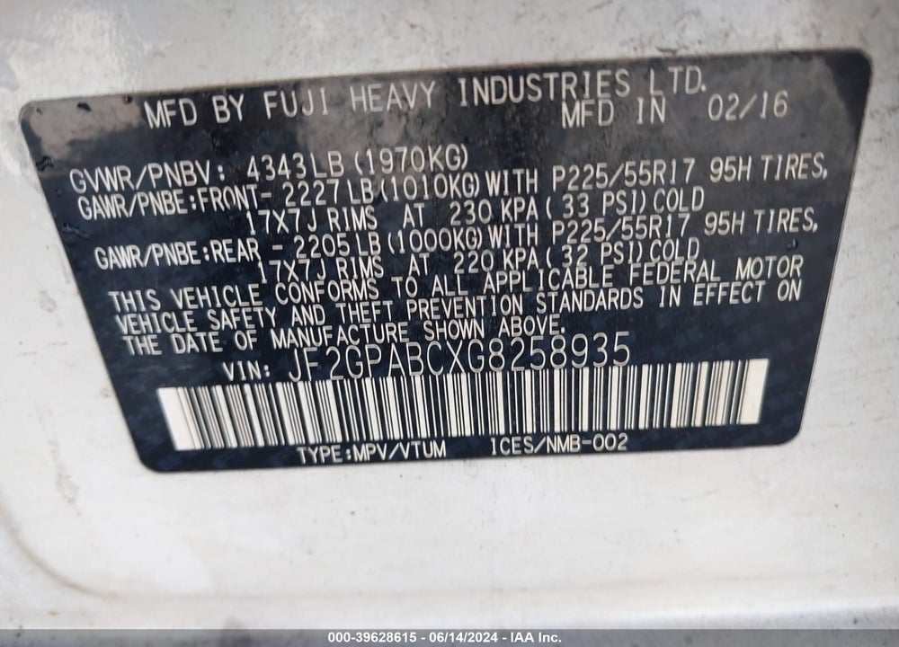 2016 SUBARU CROSSTREK 2.0I PREMIUM VIN: JF2GPABCXG8258935