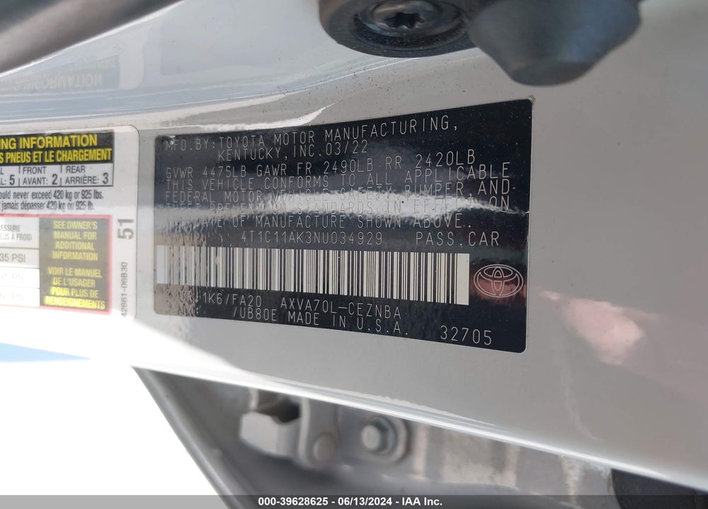 2022 TOYOTA CAMRY LE VIN: 4T1C11AK3NU034929