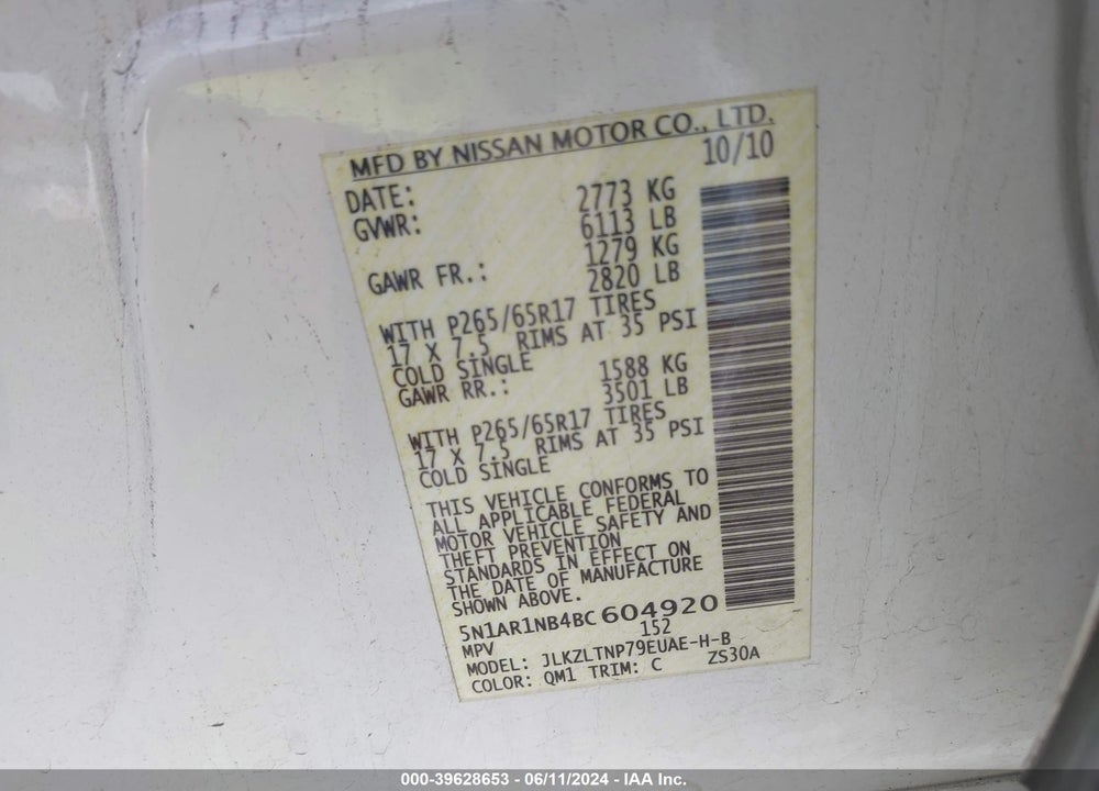 2011 NISSAN PATHFINDER SILVER VIN: 5N1AR1NB4BC604920