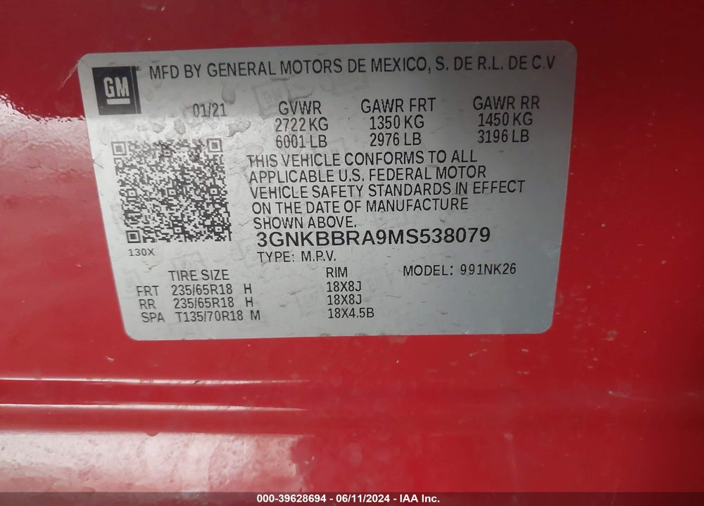 2021 CHEVROLET BLAZER FWD 1LT VIN: 3GNKBBRA9MS538079