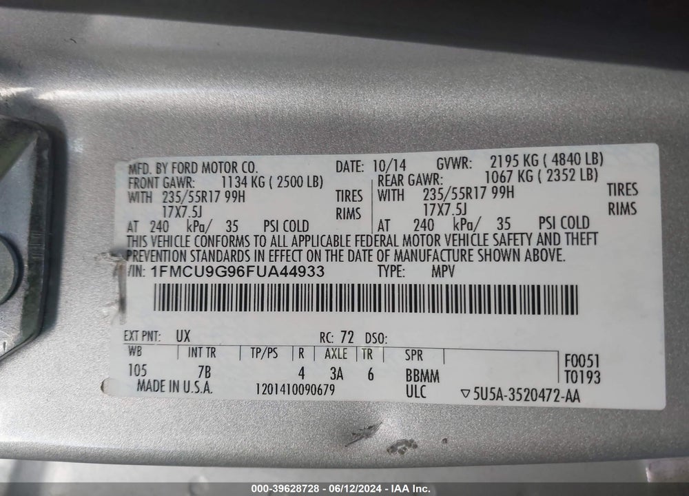 2015 FORD ESCAPE SE VIN: 1FMCU9G96FUA44933