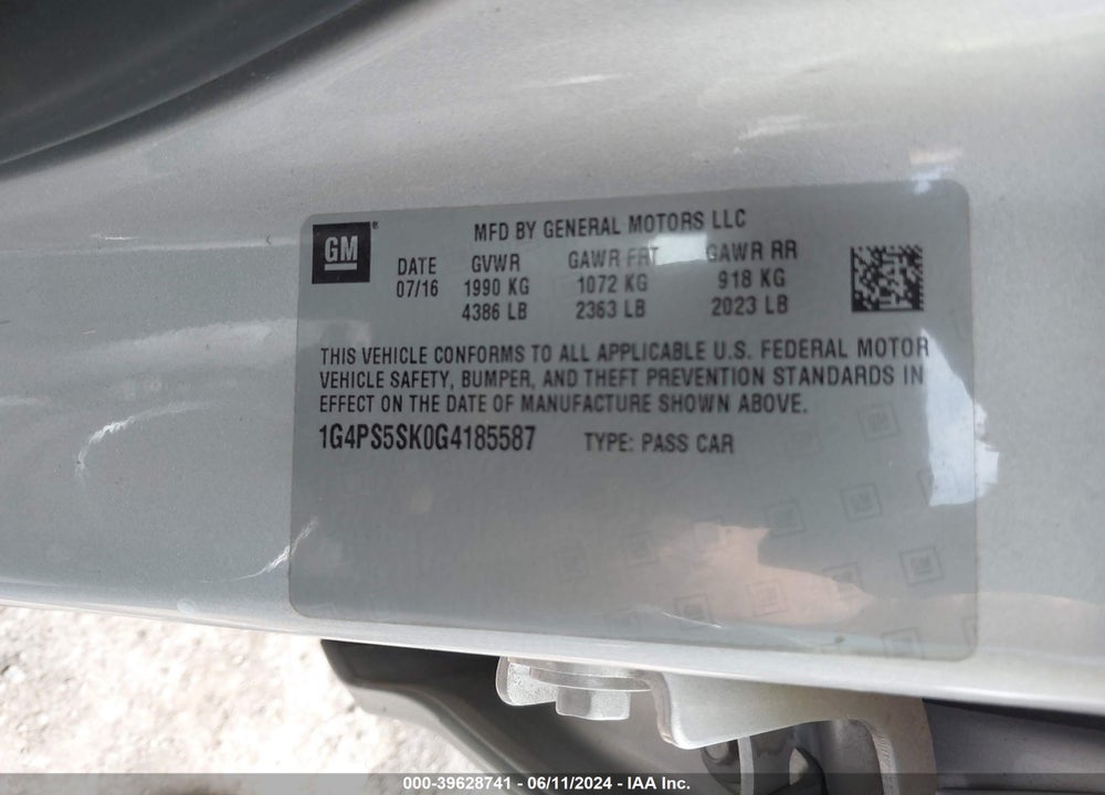 2016 BUICK VERANO LEATHER GROUP VIN: 1G4PS5SK0G4185587