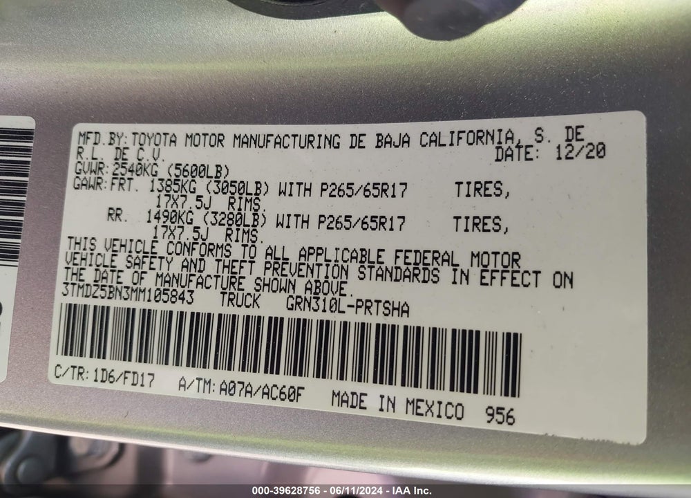 2021 TOYOTA TACOMA TRD SPORT VIN: 3TMDZ5BN3MM105843