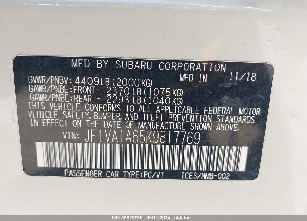 2019 SUBARU WRX VIN: JF1VA1A65K9817769