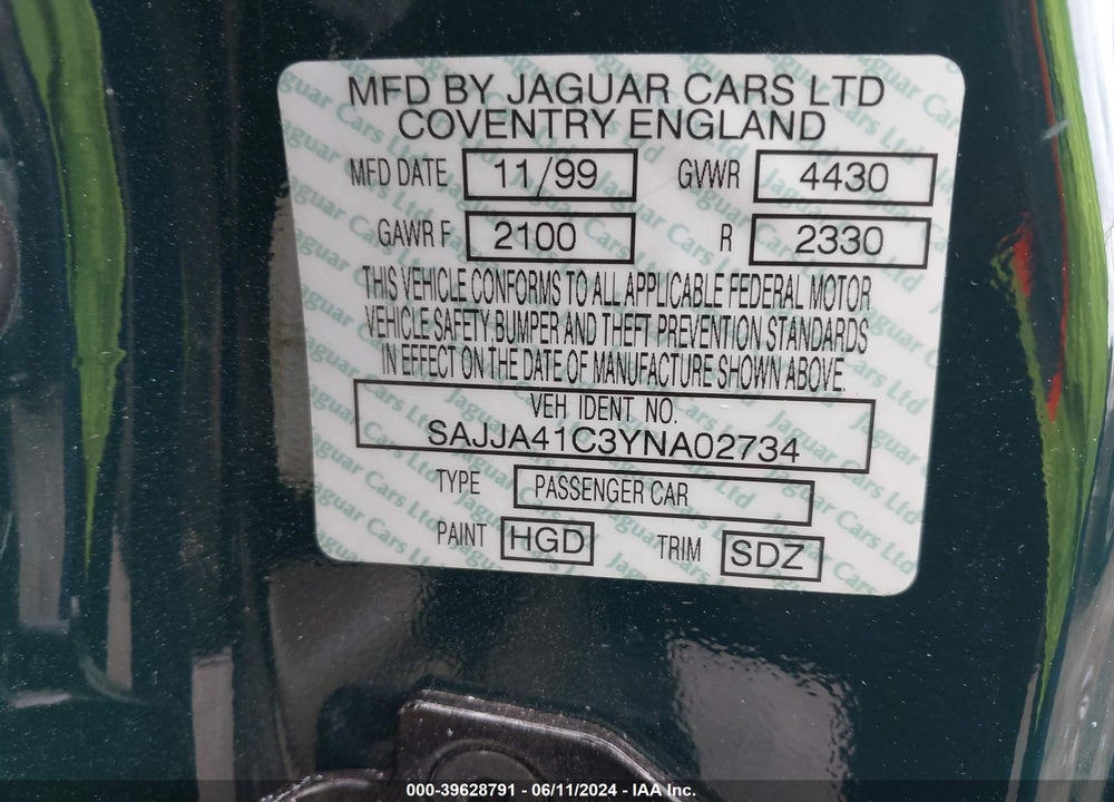 2000 JAGUAR XK8 VIN: SAJJA41C3YNA02734