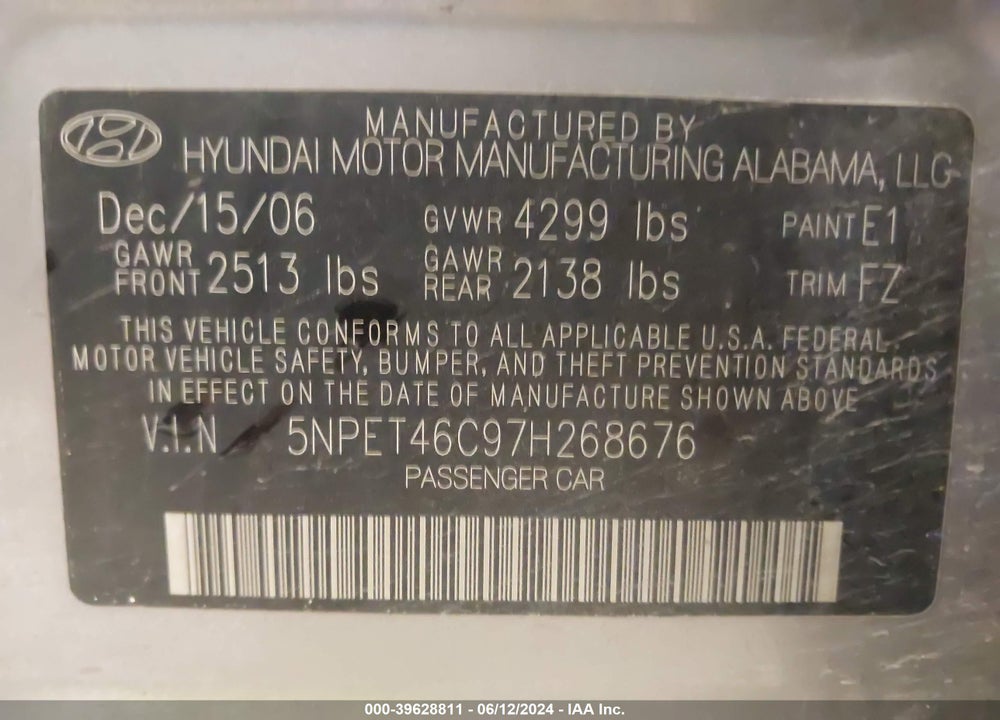 2007 HYUNDAI SONATA GLS VIN: 5NPET46C97H268676