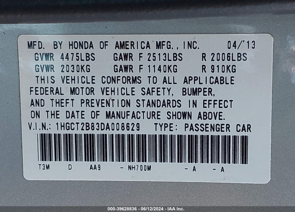 2013 HONDA ACCORD EX-L V-6 VIN: 1HGCT2B83DA008629
