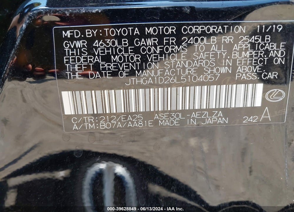 2020 LEXUS IS 300 VIN: JTHGA1D26L5104057