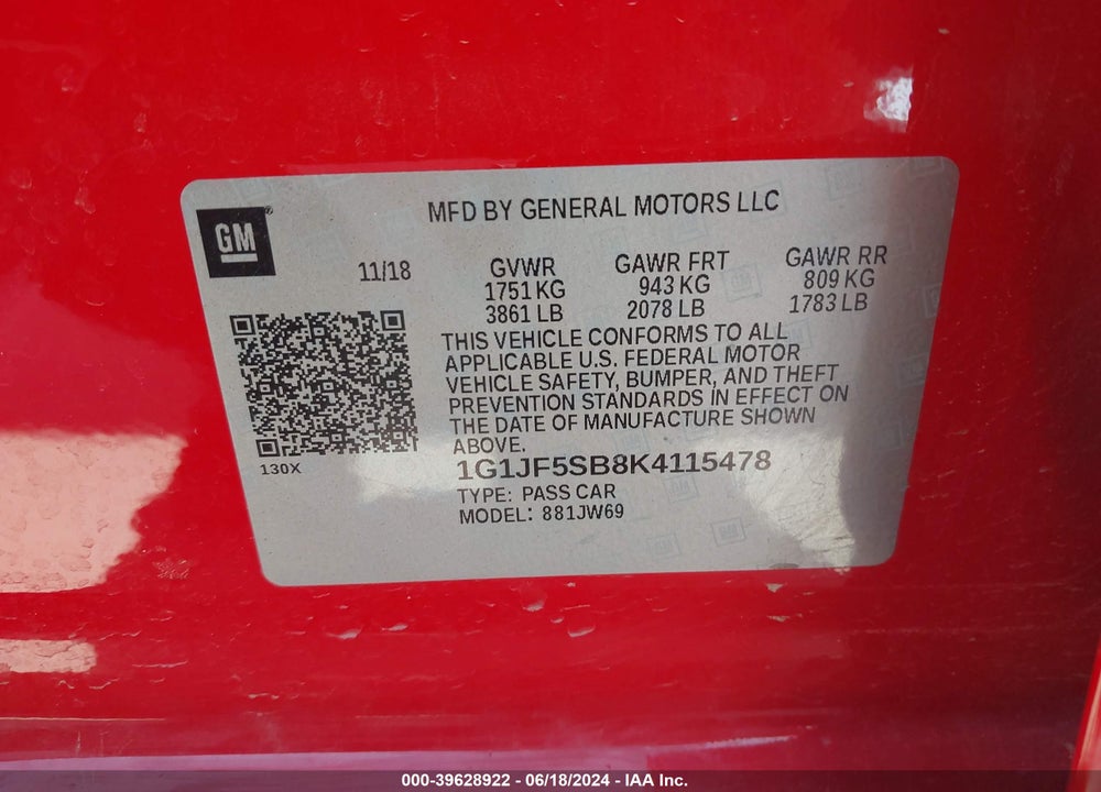 2019 CHEVROLET SONIC PREMIER AUTO VIN: 1G1JF5SB8K4115478
