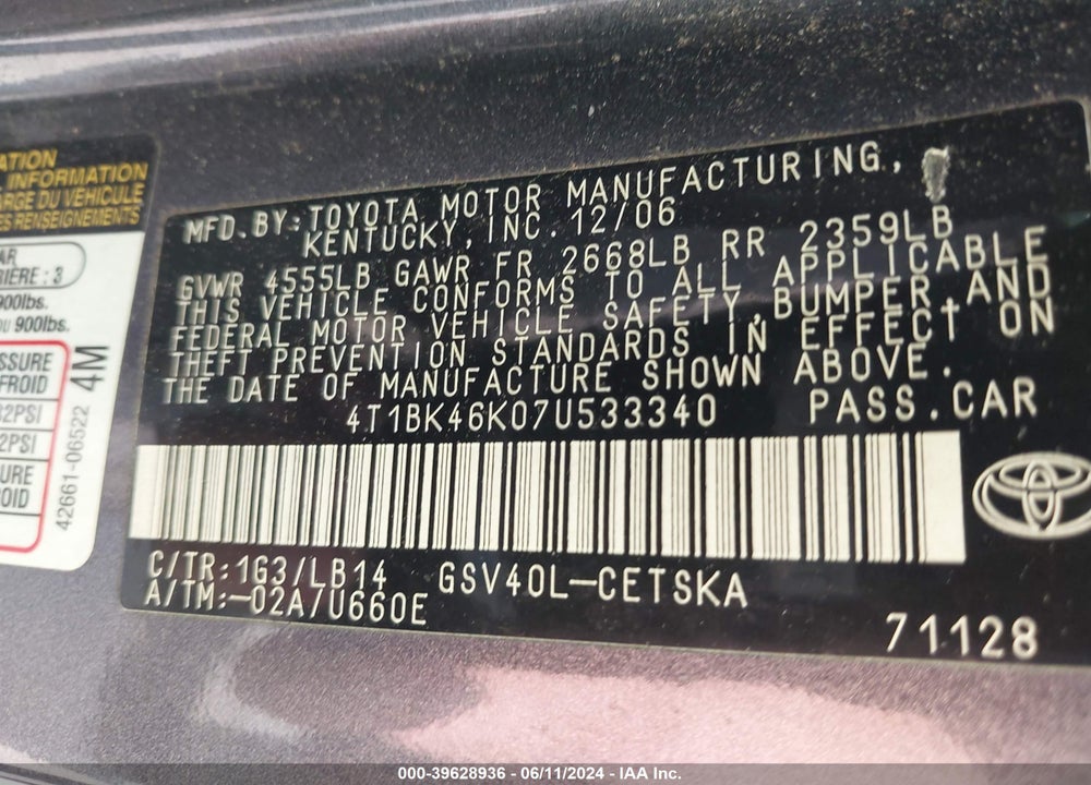 2007 TOYOTA CAMRY SE V6 VIN: 4T1BK46K07U533340