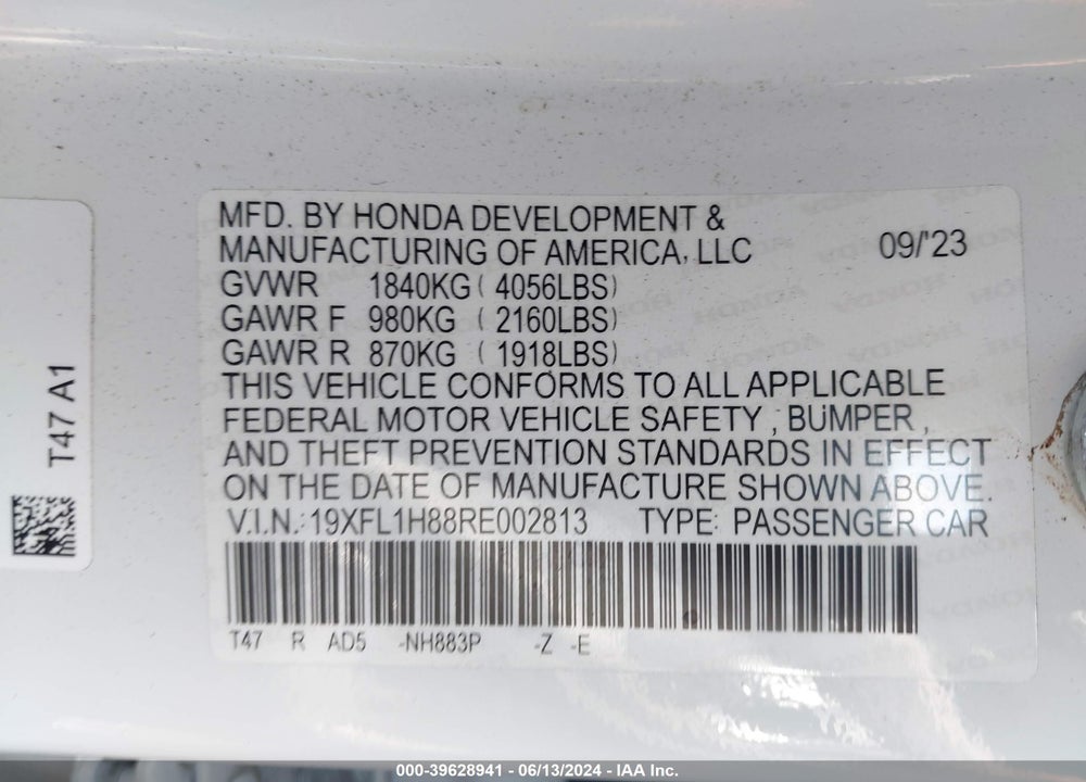 2024 HONDA CIVIC SPORT TOURING VIN: 19XFL1H88RE002813