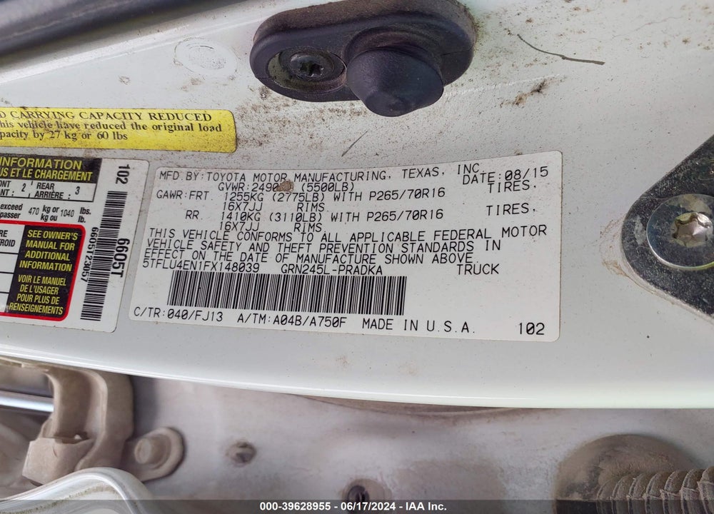 2015 TOYOTA TACOMA BASE V6 VIN: 5TFLU4EN1FX148039