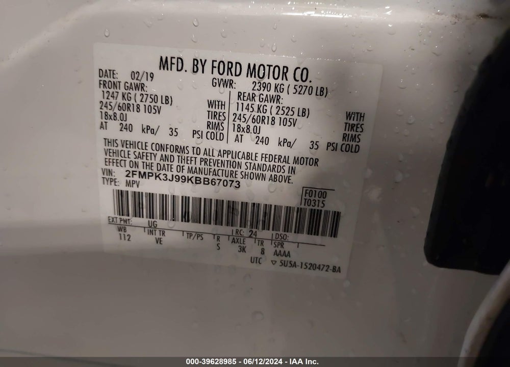 2019 FORD EDGE SEL VIN: 2FMPK3J99KBB67073
