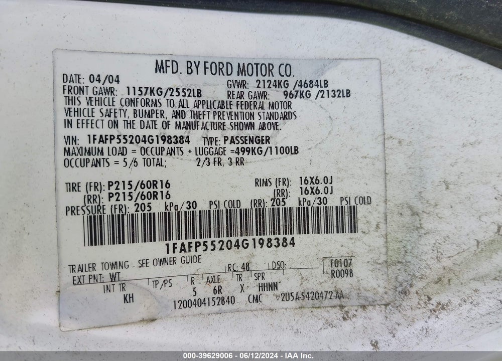 2004 FORD TAURUS SES VIN: 1FAFP55204G198384