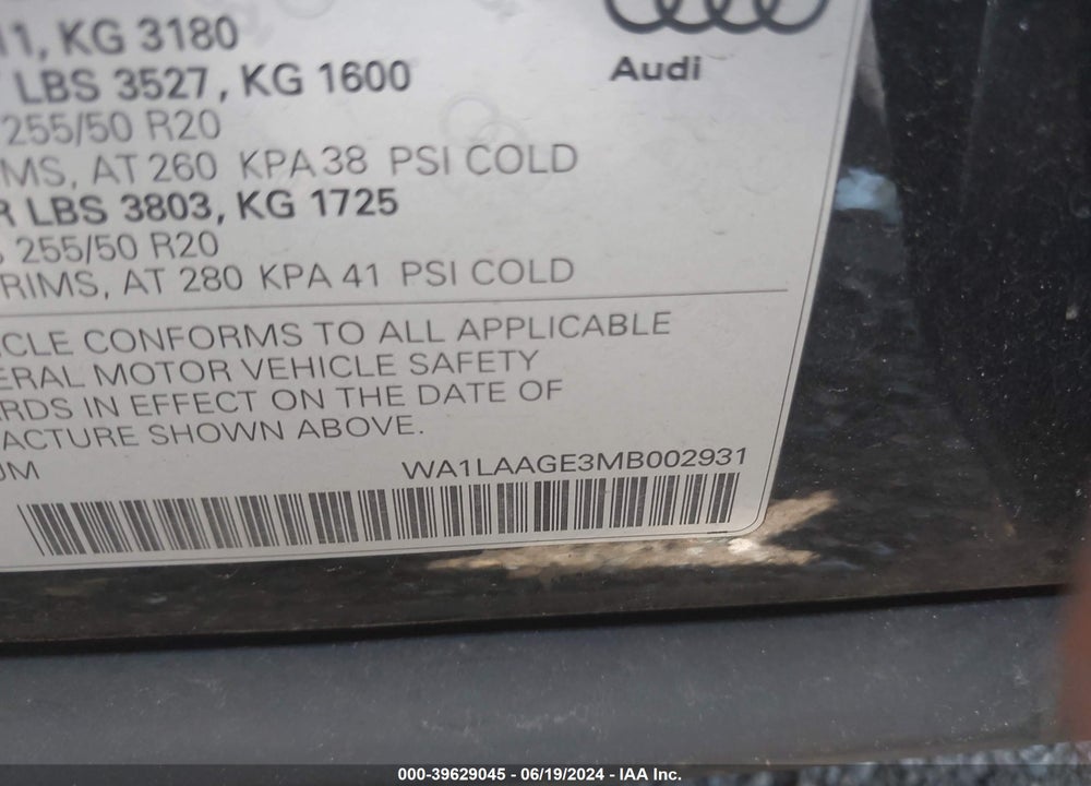 2021 AUDI E-TRON PREMIUM PLUS QUATTRO VIN: WA1LAAGE3MB002931